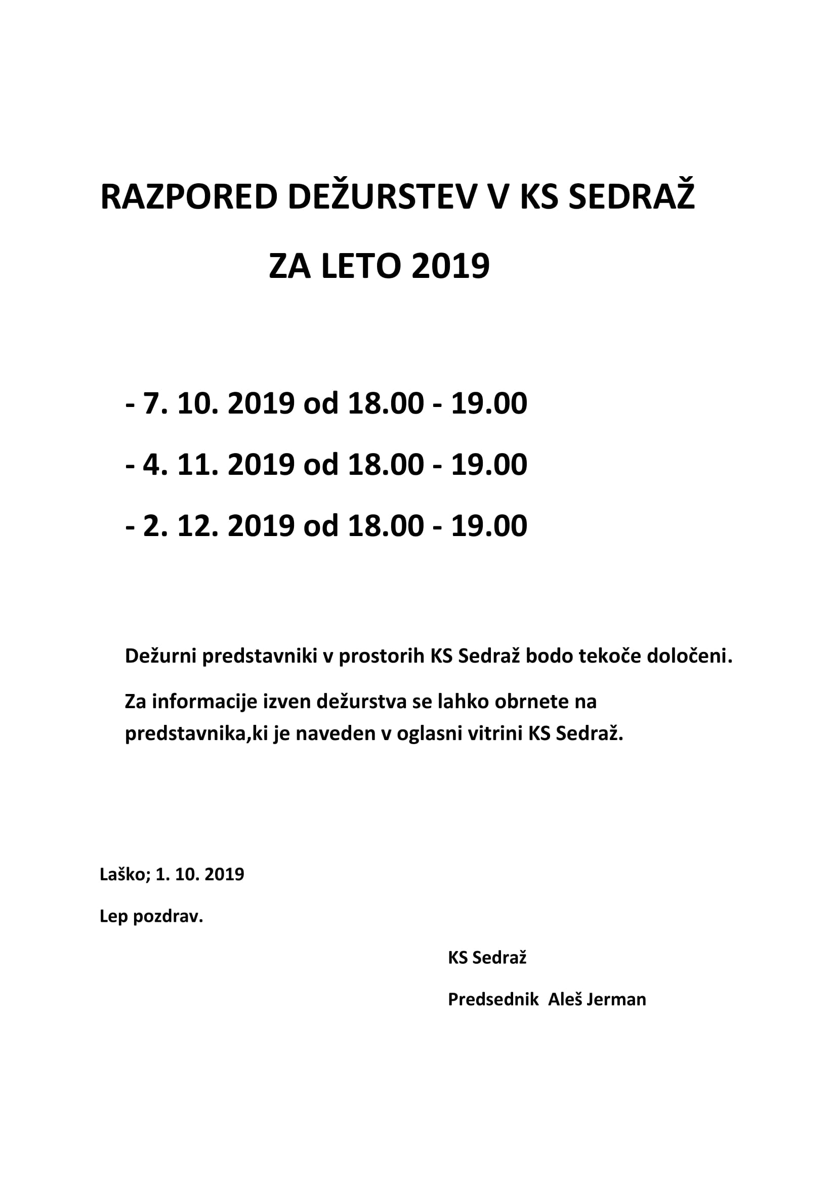 razpored dežurstev 2019 1