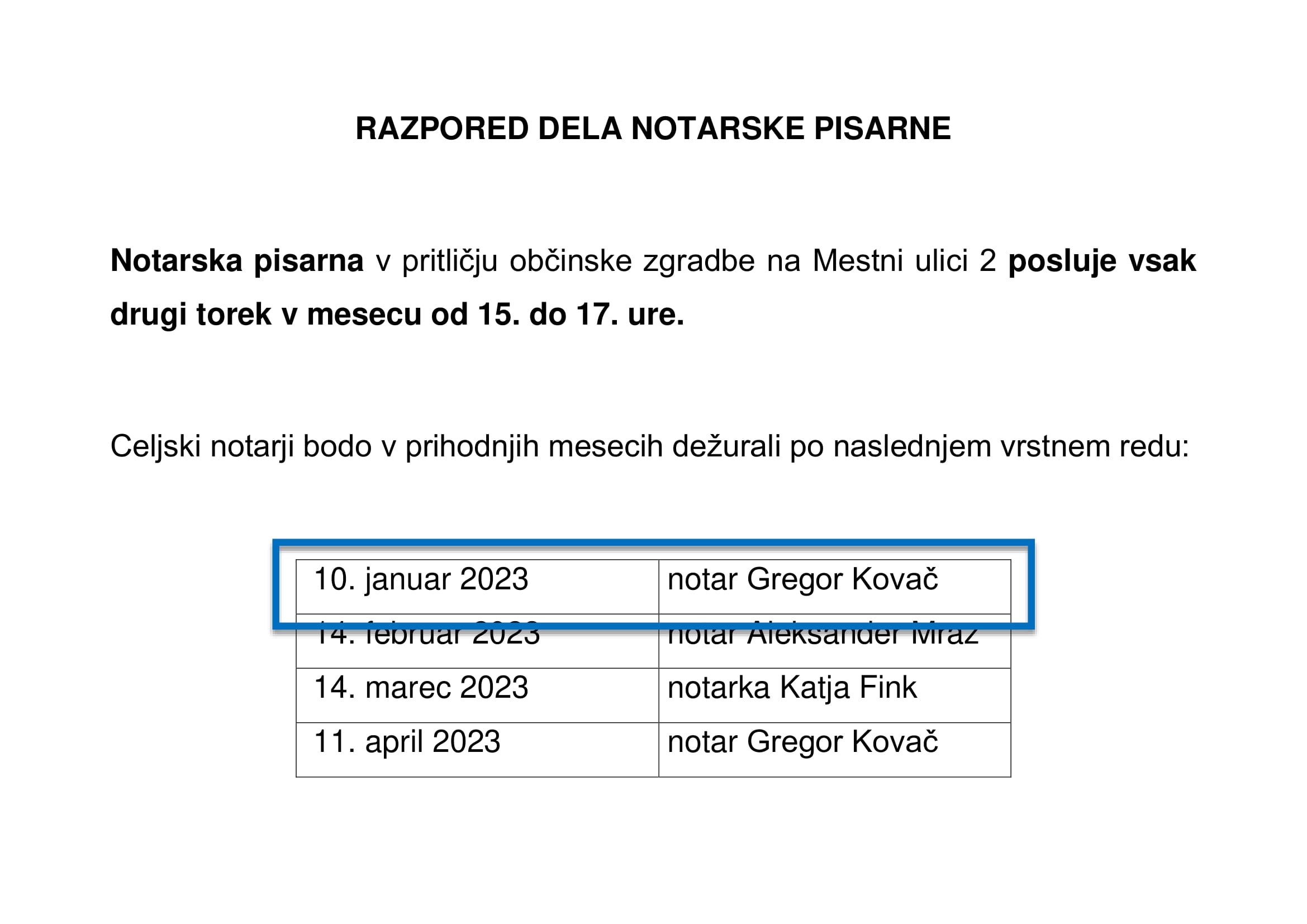 jan do apr 2023 RAZPORED DELA NOTARSKE PISARNE 1